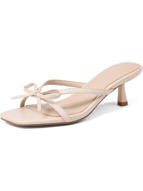 Women's Bow Heels Strappy Kitten Heels Nude Open Toe Slip On Mule Sandals Shoes